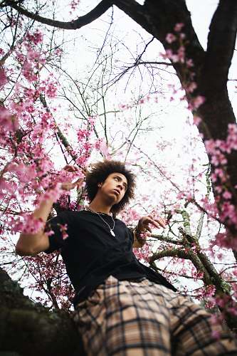 plant man wearing black and brown plaid shorts and black shirt cherry blossom