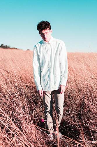 person man wearing blue button-up long-sleeved dress shirt on the brown grass people