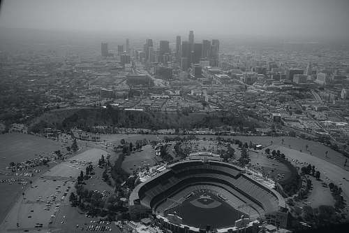 landscape aerial view of city buildings during daytime black-and-white