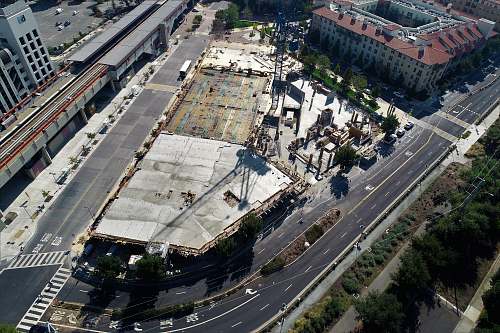outdoors bird's-eye photography of road near buildings and trees landscape