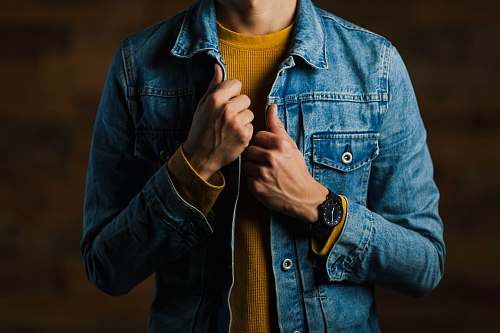 person man wearing blue denim jacket human