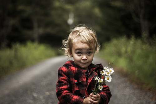 people girl wearing red and black plaid jacket holding flower human