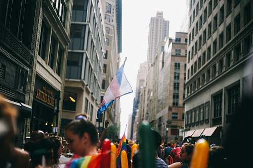 human people on street holding flags people
