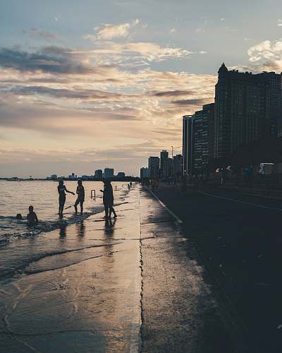 human silhouette of people in shore lake michigan