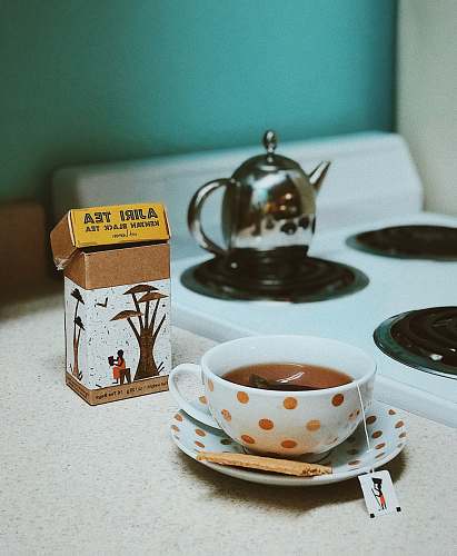 saucer white and brown polka-dot ceramic teacup coffee cup