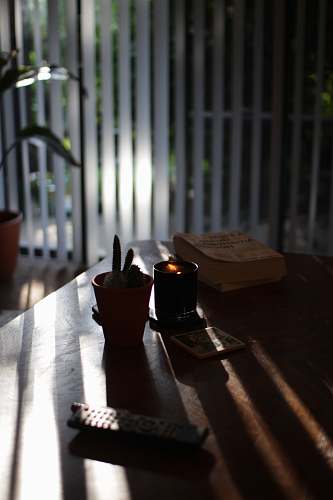 pottery black votive candle on wood surface near cactus plant and book potted plant