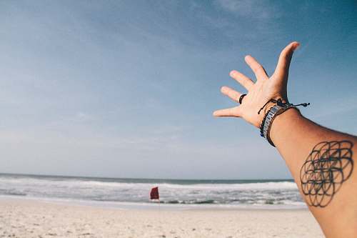 person person raising it's hand near shoreline human
