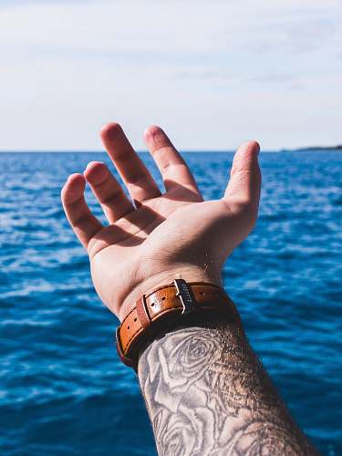 human person with arm sleeved tattoo wearing brown leather strap watch holding out hand above water person
