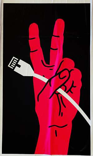 art peace sign while holding white cable text