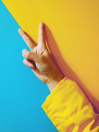 yellow person doing peace hand sign blue