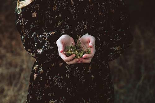 floral person holding green leaves hold