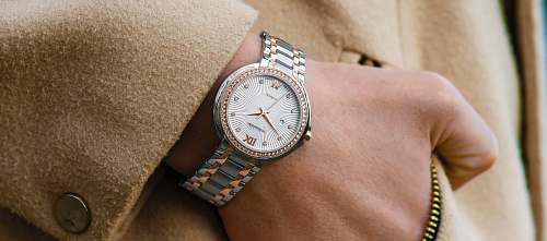 wristwatch person wearing round gold-colored analog watch with link band watch