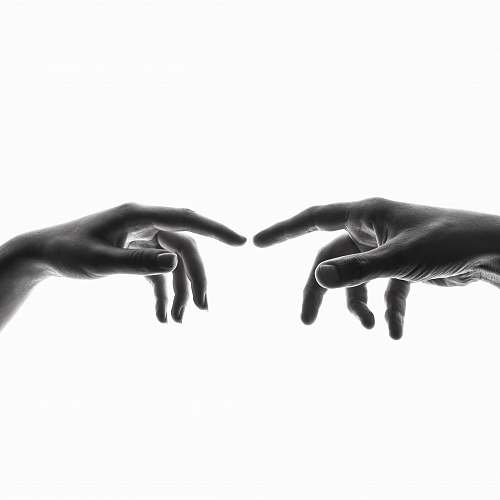 person two person's connecting fingers black-and-white