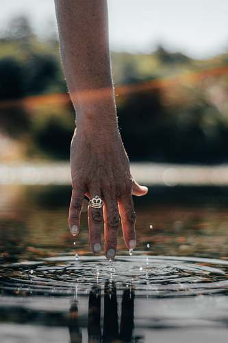 outdoors view of person's hand with gold-colored crown ring water