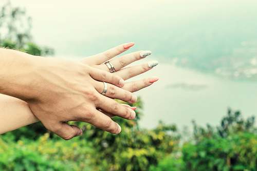 person couple hands with wearing wedding bands hand