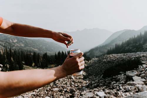person person holding can beverage