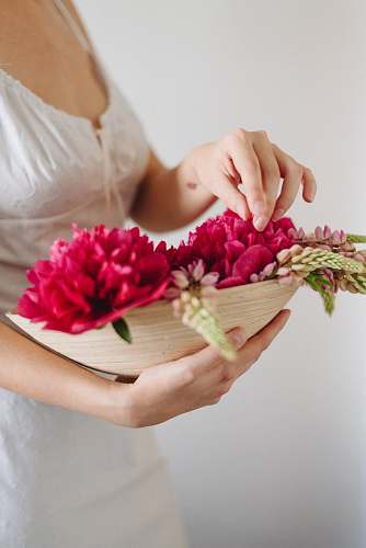 person woman carrying basket of flowers plant