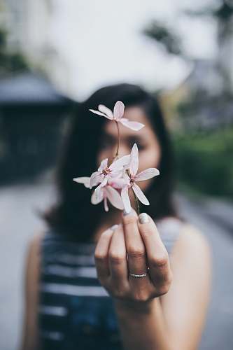 flower woman holding pink flower person