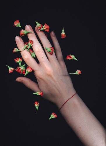 human left hand with red flowers finger