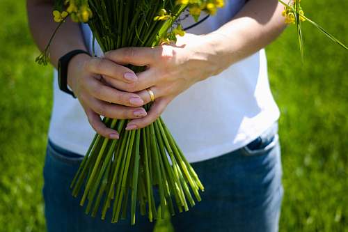 human person holding flowers bouquet plant