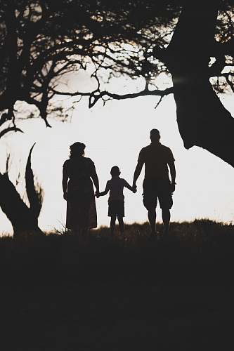 human three person standing in between of two tress during daytime grey-scale photography hand