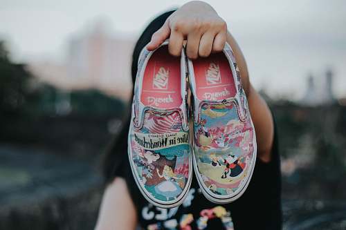 clogs tilt shift lens photography of Vans Alice in Wonderland slip-on shoes clothing