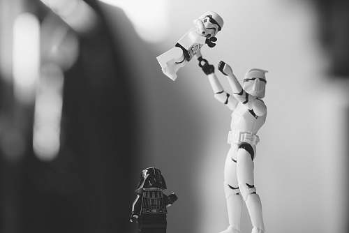 grey focused photo of a Star Wars character toy