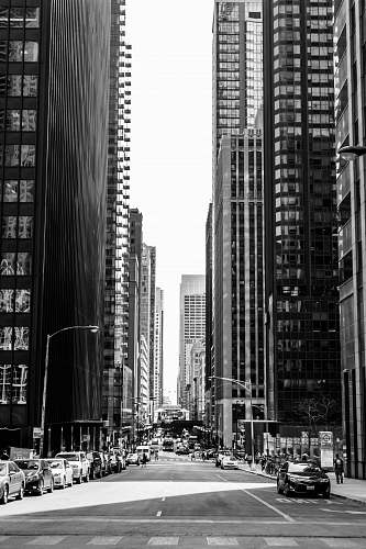 city grayscale photo of road in between of tall buildings with vehicles urban