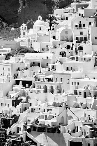 grey grayscale photo of Santorini building