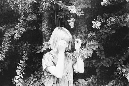 person grayscale photography of woman near trees female