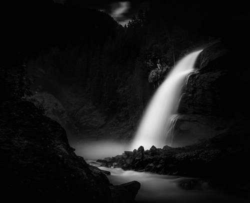 nature grayscale time lapse photography of flowing waterfall water