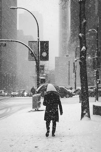 winter person holding umbrella standing near street light snow