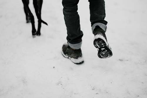 human person walking with black dog on snow person