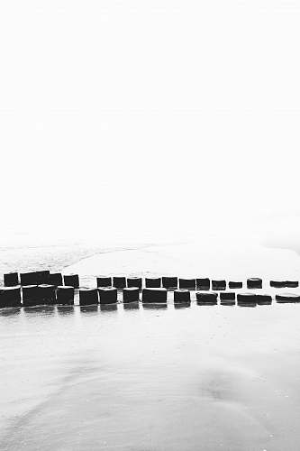 water pile of wooden pillars between snowfield waterfront