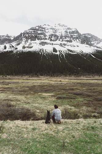 dog person sitting besides black dog while looking on black white and black mountain during daytime tree