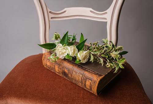 book white roses on brown book flower arrangement