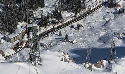 snow aerial photo of snow terrain near railway during daytime switzerland