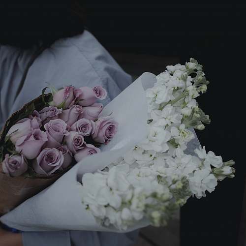 flower person holding purple and white flower bouquet art