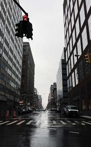 person vehicles on grey wet road between buildings during daytime people