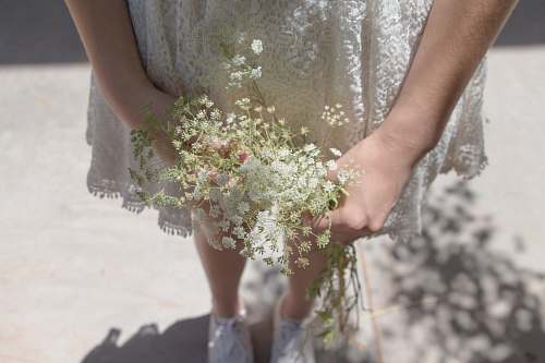 person woman wearing white dress holding white petaled flower people