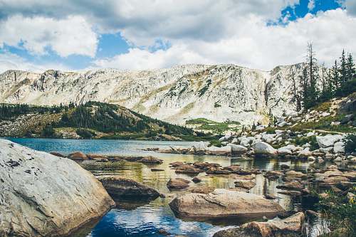 landscape mountain range with lake rocks