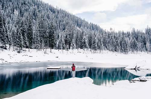 winter person standing beside body of water surrounded by snow field near trees outdoors