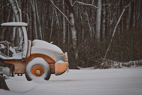 nature yellow truck covered with snow near trees outdoors