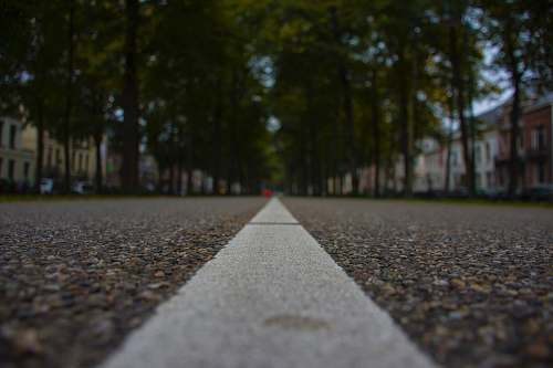 road worms's-eye view photography of asphalt road between green trees path