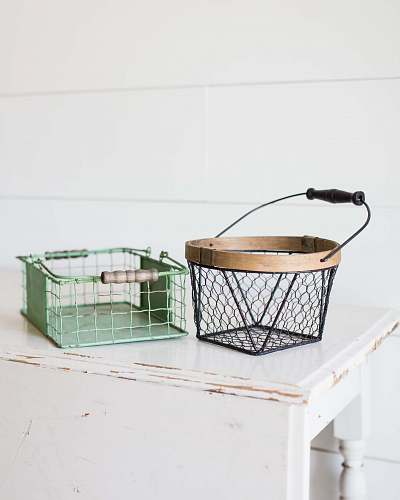 wooden brown and green baskets on table home