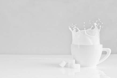 black-and-white sugar block dropped on white cup with milk grey
