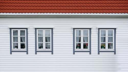 curtain closed white and red house windows windows
