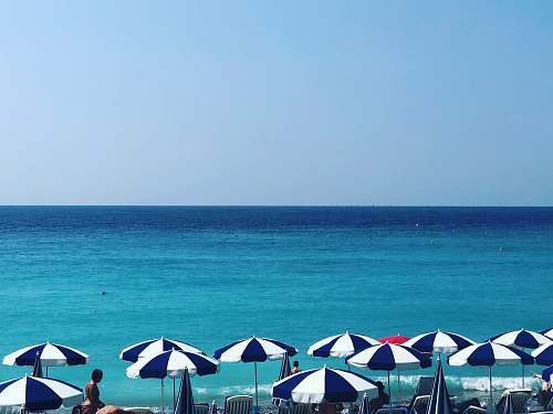 human blue and white patio umbrella near at seashore person