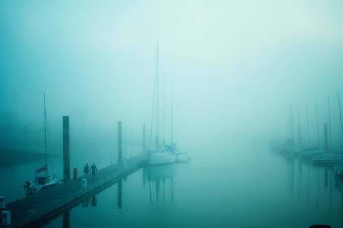 fog two person waling along brown wooden boat dock cover by mist foggy