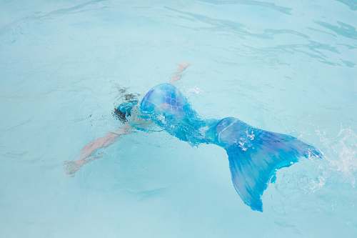 human person wearing blue mermaid costume on body of water during daytime swimming